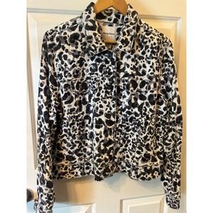 Tommy Bahama Womens Leopard Print Linen Trucker Jacket Black White Frayed Hem L